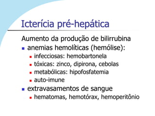 Icterícia pré-hepática
Aumento da produção de bilirrubina
 anemias hemolíticas (hemólise):
       infecciosas: hemobartonela
       tóxicas: zinco, dipirona, cebolas
       metabólicas: hipofosfatemia
       auto-imune
   extravasamentos de sangue
       hematomas, hemotórax, hemoperitônio
 