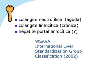    colangite neutrofílica (aguda)
   colangite linfocítica (crônica)
   hepatite portal linfocítica (?)

            WSAVA
            International Liver
            Standardization Group
            Classification (2002)
 