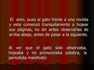 El  amo, puso al gato frente a una revista y este comenzó tranquilamente a hojear sus páginas, no sin antes observarlas de arriba abajo, antes de pasar a la siguiente. Al ver que el gato solo observaba, hojeaba y no pronunciaba palabra, la periodista manifestó: 