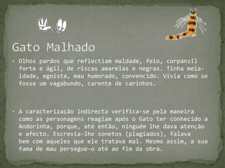 Gato MalhadoOlhos pardos que reflectiam maldade, feio, corpanzil forte e ágil, de riscas amarelas e negras. Tinha meia-idade, egoísta, mau humorado, convencido. Vivia como se fosse um vagabundo, carente de carinhos. A caracterização indirecta verifica-se pela maneira como as personagens reagiam após o Gato ter conhecido a Andorinha, porque, até então, ninguém lhe dava atenção e afecto. Escrevia-lhe sonetos (plagiados), falava bem com aqueles que ele tratava mal. Mesmo assim, a sua fama de mau persegue-o até ao fim da obra.