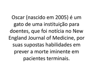 Oscar (nascido em 2005) é um
gato de uma instituição para
doentes, que foi notícia no New
England Journal of Medicine, por
suas supostas habilidades em
prever a morte iminente em
pacientes terminais.
 