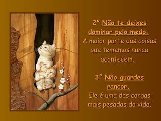 2°   Não te deixes dominar pelo medo.   A maior parte das coisas que tememos nunca acontecem.    3°   Não guardes rancor.   Ele é uma das cargas mais pesada s  da vida. 