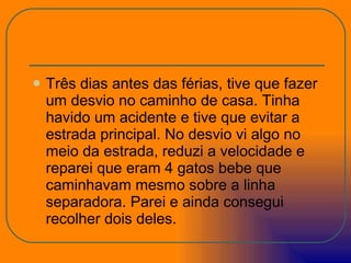 Três dias antes das férias, tive que fazer um desvio no caminho de casa. Tinha havido um acidente e tive que evitar a estrada principal. No desvio vi algo no meio da estrada, reduzi a velocidade e reparei que eram 4 gatos bebe que caminhavam mesmo sobre a linha separadora. Parei e ainda consegui recolher dois deles. 