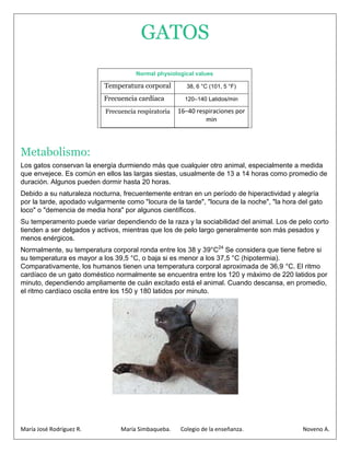 GATOS
                                      Normal physiological values

                           Temperatura corporal          38, 6 °C (101, 5 °F)

                           Frecuencia cardíaca          120–140 Latidos/min

                            Frecuencia respiratoria   16–40 respiraciones por
                                                               min



Metabolismo:
Los gatos conservan la energía durmiendo más que cualquier otro animal, especialmente a medida
que envejece. Es común en ellos las largas siestas, usualmente de 13 a 14 horas como promedio de
duración. Algunos pueden dormir hasta 20 horas.
Debido a su naturaleza nocturna, frecuentemente entran en un período de hiperactividad y alegría
por la tarde, apodado vulgarmente como "locura de la tarde", "locura de la noche", "la hora del gato
loco" o "demencia de media hora" por algunos científicos.
Su temperamento puede variar dependiendo de la raza y la sociabilidad del animal. Los de pelo corto
tienden a ser delgados y activos, mientras que los de pelo largo generalmente son más pesados y
menos enérgicos.
Normalmente, su temperatura corporal ronda entre los 38 y 39°C24 Se considera que tiene fiebre si
su temperatura es mayor a los 39,5 °C, o baja si es menor a los 37,5 °C (hipotermia).
Comparativamente, los humanos tienen una temperatura corporal aproximada de 36,9 °C. El ritmo
cardíaco de un gato doméstico normalmente se encuentra entre los 120 y máximo de 220 latidos por
minuto, dependiendo ampliamente de cuán excitado está el animal. Cuando descansa, en promedio,
el ritmo cardíaco oscila entre los 150 y 180 latidos por minuto.




María José Rodríguez R.          María Simbaqueba.    Colegio de la enseñanza.               Noveno A.
 