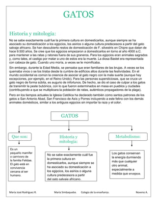 GATOS
Historia y mitología:
No se sabe exactamente cuál fue la primera cultura en domesticarlos, aunque siempre se ha
asociado su domesticación a los egipcios, los asirios o alguna cultura predecesora a partir del gato
salvaje africano. Se han descubierto restos de domesticación de F. silvestris en Chipre que datan de
hace 9.500 años. Se cree que los egipcios empezaron a domesticarlos en torno al año 4000 a.C.
para mantener a las ratas y ratones fuera de sus graneros. Para los egipcios eran animales sagrados
y, como tales, el castigo por matar a uno de estos era la muerte. La diosa Bastet era representada
con cabeza de gato. Cuando uno moría, a veces se le momificaba.
Sin embargo, durante la Edad Media, se pensaba que eran familiares de las brujas. A veces se los
quemaba vivos o se los tiraba desde la cumbre de edificios altos durante las festividades. En el
mundo occidental es común la creencia de asociar al gato negro con la mala suerte (aunque hay
excepciones, por ejemplo, en el Reino Unido). Para las personas supersticiosas, que se cruce un
gato negro de forma súbita, es augurio de infortunos. De hecho, se dio el caso de culpar a los gatos
de transmitir la peste bubónica, con lo que fueron exterminados en masa en pueblos y ciudades
(contribuyendo a que se multiplicara la población de ratas, auténticos propagadores de la plaga).
Pero en los tiempos actuales la Iglesia Católica ha declarado también como santos patrones de los
gatos a San Antonio Abad, San Francisco de Asís y Porres incluyendo a este felino con los demás
animales domésticos, similar a los antiguos egipcios sin importar la raza y el color.



                                      GATOS


  Que son:                          Historia y                                    Metabolismo:
                                    mitología:
Es un
pequeño mamífer                                                                 Los gatos conservan
                           No se sabe exactamente cuál fue
o carnívoro de                                                                  la energía durmiendo
la familia Felidae.
                           la primera cultura en
                                                                                más que cualquier
El gato está en            domesticarlos, aunque siempre se
                                                                                otro animal,
convivencia                ha asociado su domesticación a
                                                                                especialmente a
cercana al ser             los egipcios, los asirios o alguna
                                                                                medida que envejece.
humano.                    cultura predecesora a partir
                           del gato salvaje africano.



María José Rodríguez R.          María Simbaqueba.   Colegio de la enseñanza.                   Noveno A.
 