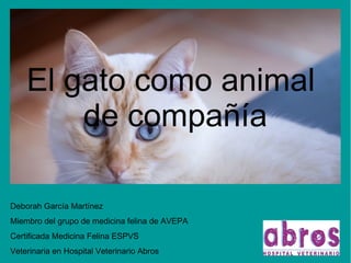 El gato como animal
de compañía
Deborah García Martínez
Miembro del grupo de medicina felina de AVEPA
Certificada Medicina Felina ESPVS
Veterinaria en Hospital Veterinario Abros
 