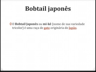 Bobtail japonês

0 O Bobtail Japonês ou mi-kê (nome de sua variedade
 tricolor) é uma raça de gato originária do Japão.
 