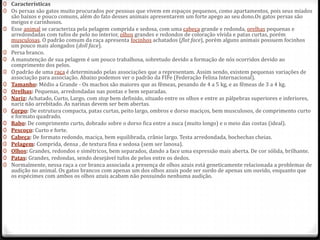0 Características
0 Os persas são gatos muito procurados por pessoas que vivem em espaços pequenos, como apartamentos, pois seus miados
  são baixos e pouco comuns, além do fato desses animais apresentarem um forte apego ao seu dono.Os gatos persas são
  meigos e carinhosos.
0 Esse animal se caracteriza pela pelagem comprida e sedosa, com uma cabeça grande e redonda, orelhas pequenas e
  arredondadas com tufos de pelo no interior, olhos grandes e redondos de coloração vívida e patas curtas, porém
  musculosas. O padrão comum da raça apresenta focinhos achatados (flat face), porém alguns animais possuem focinhos
  um pouco mais alongados (doll face).
0 Persa branco.
0 A manutenção de sua pelagem é um pouco trabalhosa, sobretudo devido a formação de nós ocorridos devido ao
  comprimento dos pelos.
0 O padrão de uma raça é determinado pelas associações que a representam. Assim sendo, existem pequenas variações de
  associação para associação. Abaixo podemos ver o padrão da FIFe (Federação Felina Internacional).
0 Tamanho: Médio a Grande - Os machos são maiores que as fêmeas, pesando de 4 a 5 kg, e as fêmeas de 3 a 4 kg.
0 Orelhas: Pequenas, arredondadas nas pontas e bem separadas.
0 Nariz: Achatado, Curto, Largo, com stop bem definido, situado entre os olhos e entre as pálpebras superiores e inferiores,
  nariz não arrebitado. As narinas devem ser bem abertas.
0 Corpo: De estrutura compacta, patas curtas, peito largo, ombros e dorso maciços, bem musculosos, de comprimento curto
  e formato quadrado.
0 Rabo: De comprimento curto, dobrado sobre o dorso fica entre a nuca (muito longo) e o meio das costas (ideal).
0 Pescoço: Curto e forte.
0 Cabeça: De formato redondo, maciça, bem equilibrada, crânio largo. Testa arredondada, bochechas cheias.
0 Pelagem: Comprida, densa , de textura fina e sedosa (sem ser lanosa).
0 Olhos: Grandes, redondos e simétricos, bem separados, dando a face uma expressão mais aberta. De cor sólida, brilhante.
0 Patas: Grandes, redondas, sendo desejável tufos de pelos entre os dedos.
0 Normalmente, nessa raça a cor branca associada a presença de olhos azuis está geneticamente relacionada a problemas de
  audição no animal. Os gatos brancos com apenas um dos olhos azuis pode ser surdo de apenas um ouvido, enquanto que
  os espécimes com ambos os olhos azuis acabam não possuindo nenhuma audição.
 