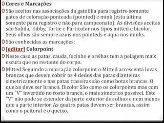 0 Cores e Marcações
0 São aceitos nas associações da gatofilia para registro somente
  gatos de coloração ponteada (pointed) e mink (esta última
  somente para registro e não para campeonato). As divisões aceitas
  são Solida, Tabby, Tortie e Particolor nos tipos mitted e bicolor.
  Seus olhos são sempre azuis nos pointeds e aqua nos minks.
0 São conhecidas as marcações:
0 [editar] Colorpoint
0 Neste caso as patas, cauda, focinho e orelhas tem a pelagem mais
  escura que no restante do corpo.
0 Mitted Seguindo a marcação colorpoint o Mitted acrescenta luvas
  brancas que devem cobrir os 4 dedos das patas dianteiras
  simetricamente e nas patas traseiras são como botas brancas. O
  queixo deve ser branco. Bicolor São como os colorpoints mas com
  um "V" invertido no rosto branco, o mais simétrico possível. Este
  "V" não pode se estender da parte exterior dos olhos e nem menos
  que a parte interior. As quatro patas devem ser brancas, assim
  como o peitoral e o queixo.
 