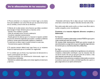 De la alimentación de tus mascotas
2. Procura alimentar a tu mascota en el mismo lugar y a la misma
hora para establecer una rutina.Trata de que sea antes de las horas
de tus comidas y nunca le des de tus alimentos.
3.Además de la edad, existen otros factores que debes considerar
para escoger el mejor alimento para tu mascota, como:
- Tamaño: chico mediano o grande
- Nivel de actividad: activo, normal o sedentario.
- Condición: obesidad, mantenimiento.
- Estado general de salud, ya que si tu mascota lo requiere, también
encontrarás alimentos especiales para ayudar a combatir problemas
cardiacos, renales, gastrointestinales, hepáticos y diabéticos.
Tu veterinario es quien mejor te podrá orientar en este caso.
- Características y gustos individuales.
4. Tu mascota siempre deberá tener agua fresca en un recipiente
limpio. Es importante que se la cambies con regularidad.
5.Y no olvides que una forma muy importante de demostrarle tu
cariño y preocupación por ella es:
- Proporcionándole una alimentación balanceada, según sus
características individuales.
- Dándole los cuidados adecuados,como visitas regulares al veterinario
y ejercicio.
- Evitándole sufrimiento. No la dejes sola por mucho tiempo, ni
amarrada o encerrada en lugares reducidos durante todo el día.
Pero sobre todo, dale mucho cariño y un buen trato. Ella te dará a
cambio compañía y amor incondicional.
Consiente a tu mascota eligiendo alimento completo y
balanceado
Por Nutrición
LosalimentoscompletosybalanceadoscontienenTODOloquetuperro
o gato necesita para estar bien nutrido.
No necesitas añadir absolutamente NADA para sentirte tranquilo de
estaralimentandoatuamigodeformaquenolehagafaltaningúnelemento
de nutrición para su crecimiento,desarrollo y belleza física.
Por Salud
El equilibrio nutricional y la calidad de los ingredientes en los alimentos
completos y balanceados contribuyen a que las mascotas vivan de
una forma mucho más sana, ya que gran parte de su buena o mala
salud depende justamente de la alimentación.
Además,dentro de los alimentos completos y balanceados encuentras
el producto exacto para la edad y actividad específica de tu perro o
gato, asegurando así una óptima alimentación.
 