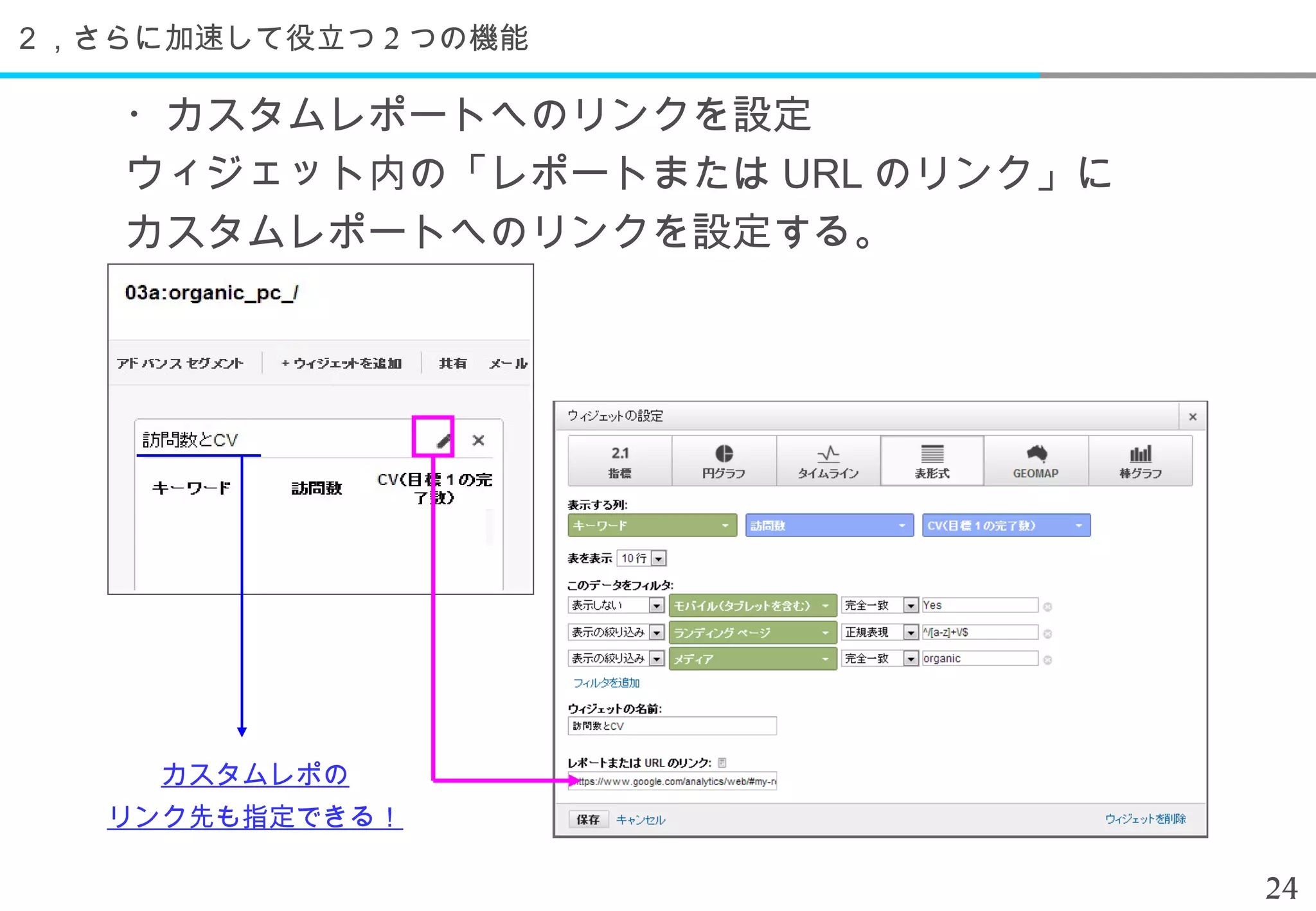 ２，さらに加速して役立つ 2 つの機能

    ・カスタムレポートへのリンクを設定
    ウィジェット内の「レポートまたは URL のリンク」に
    カスタムレポートへのリンクを設定する。




     カスタムレポの
   リンク先も指定できる！

                                  24
 