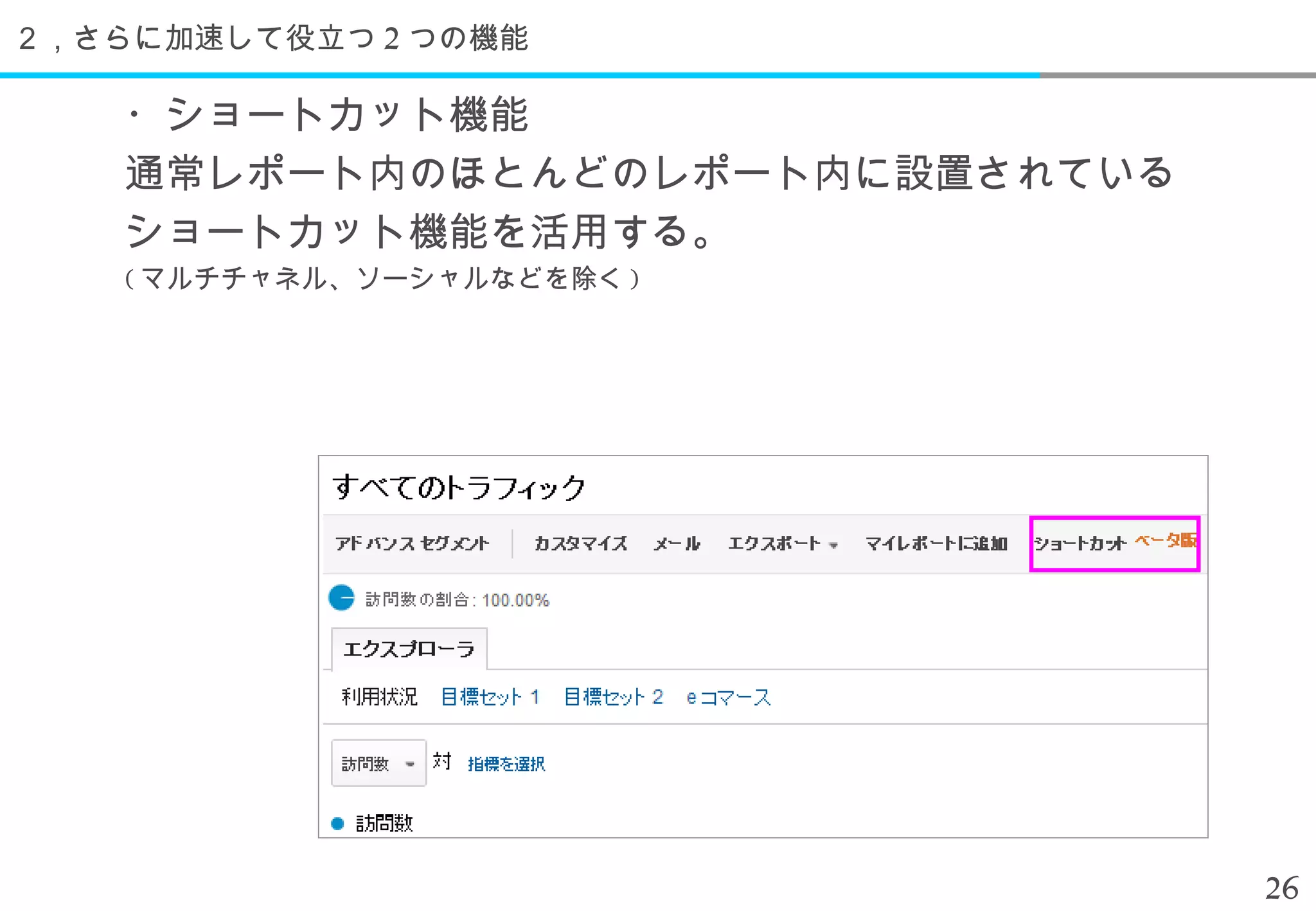 ２，さらに加速して役立つ 2 つの機能

    ・ショートカット機能
    通常レポート内のほとんどのレポート内に設置されている
    ショートカット機能を活用する。
    ( マルチチャネル、ソーシャルなどを除く )




                                 26
 