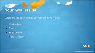 http://www.GlobalMediaInsight.com
Your Goal in Life
Goals are the equivalent to conversions in AdWords:
• Destination
• Event
• Time on site
• Pages/session
 