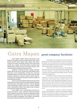 milestone
Gatra Mapan
1984 1992 1996 1998 2000 2002
1 Factory
19.325 m2
2 Factory
138.838 m2
Local Market:
Jakarta Branch
...