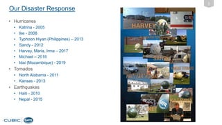 Our Disaster Response
2
• Hurricanes
• Katrina - 2005
• Ike - 2008
• Typhoon Hiyan (Philippines) – 2013
• Sandy - 2012
• Harvey, Maria, Irma – 2017
• Michael – 2018
• Idai (Mozambique) - 2019
• Tornados
• North Alabama - 2011
• Kansas - 2013
• Earthquakes
• Haiti - 2010
• Nepal - 2015
 