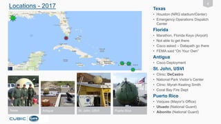 Locations - 2017 4
Texas St. John, USVI
Texas
• Houston (NRG stadium/Center)
• Emergency Operations Dispatch
Center
Florida
• Marathon, Florida Keys (Airport)
• Not able to get there
• Cisco asked – Datapath go there
• FEMA said “On Your Own”
Antigua
• Cisco Deployment
St. John, USVI
• Clinic: DeCastro
• National Park Visitor’s Center
• Clinic: Myrah Keating Smith
• Coral Bay Fire Dept
Puerto Rico
• Vieques (Mayor’s Office)
• Utuado (National Guard)
• Aibonito (National Guard)Puerto RicoAntigua
 