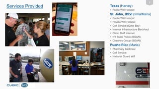 Services Provided
7
Texas (Harvey)
• Public Wifi Hotspot
St. John, USVI (Irma/Maria)
• Public Wifi Hotspot
• Private Wifi Hotspot
• Cell Service (Coral Bay)
• Internal Infrastructure Backhaul
• Clinic Staff Internet
• NY State Police (BGAN)
• Chesney Group (BGAN)
Puerto Rico (Maria)
• Pharmacy backhaul
• Cell Service
• National Guard Wifi
 