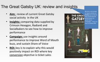 The Great Gatsby UK: review and insights
• Aim: review of current Great Gatsby
social activity in the UK
• Insights: comparing data supplied by
Crimson Hexagon, Radian6 and
Socialbakers to see how to improve
performance
• Campaign: use insights around
performance to improve Word of Mouth
buzz, and sustain Share of Voice
• ROI: key is to explain why this would
positively impact on ROI where key
conversion objective is ticket sales
My aim is not simply
to report activity on
Gatsby but to look at
how could improve
performance, to
guide future
campaigns - focus on
how to achieve ROI
 