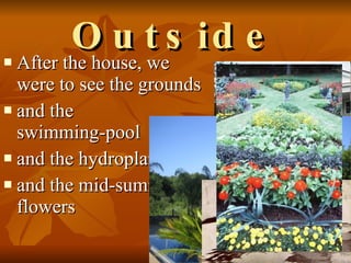 Outside After the house, we were to see the grounds  and the   swimming-pool and the hydroplane  and the mid-summer flowers  