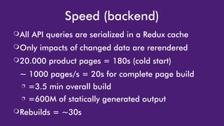 Speed (backend)
❍All API queries are serialized in a Redux cache
❍Only impacts of changed data are rerendered
❍20.000 product pages = 180s (cold start)
~ 1000 pages/s = 20s for complete page build
❐ =3.5 min overall build
❐ =600M of statically generated output
❍Rebuilds = ~30s
 