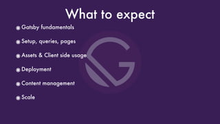 ๏Gatsby fundamentals
๏Setup, queries, pages
๏Assets & Client side usage
๏Deployment
๏Content management
๏Scale
What to expect
 