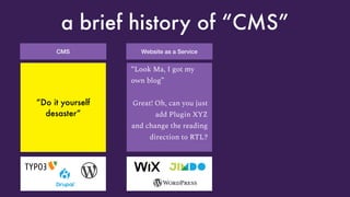 CMS
a brief history of “CMS”
“Look Ma, I got my
own LAMP server”
Great! Oh look,
someone broke into
it because you forgot
to update it
Website as a Service
“Look Ma, I got my
own blog”
Great! Oh, can you just
add Plugin XYZ
and change the reading
direction to RTL?
“Do it yourself
desaster”
 