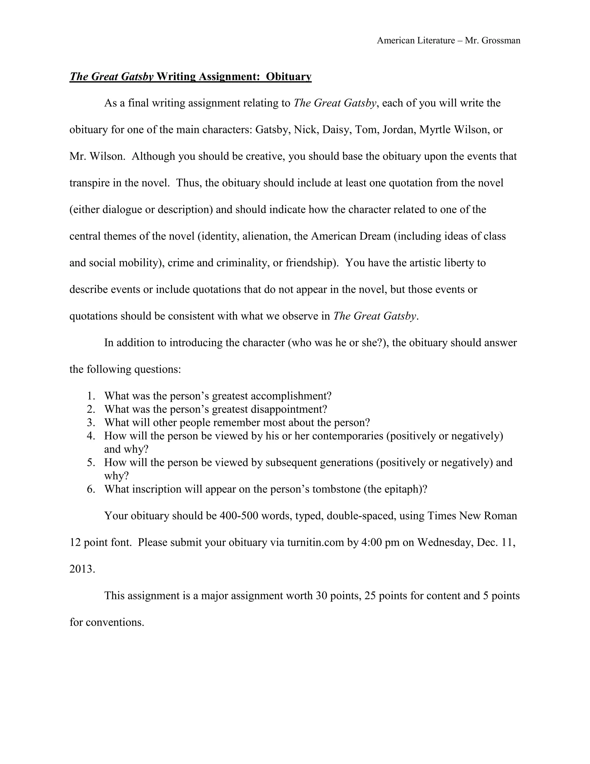 Gatsby writing obituary | DOCX