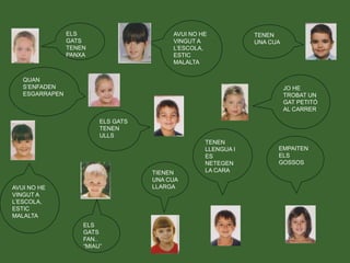 ELS
GATS
TENEN
PANXA
TENEN
UNA CUA
JO HE
TROBAT UN
GAT PETITÓ
AL CARRER
AVUI NO HE
VINGUT A
L’ESCOLA,
ESTIC
MALALTA
AVUI NO HE
VINGUT A
L’ESCOLA,
ESTIC
MALALTA
QUAN
S’ENFADEN
ESGARRAPEN
ELS GATS
TENEN
ULLS
TENEN
LLENGUA I
ES
NETEGEN
LA CARA
TIENEN
UNA CUA
LLARGA
ELS
GATS
FAN..
“MIAU”
EMPAITEN
ELS
GOSSOS
 