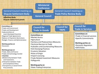 Ministerial
Conference
Council for
Trade in Goods
General Council meeting as
Trade Policy Review Body
Council for
TRIPS
General Council meeting as
Dispute Settlement Body
General Council
Council for
Trade in Services
Appellate Body
Dispute Settlement panels
Committees on
•Trade and Environment
•Trade and Development
•Subcommittee on
Least-Developed Countries
•Regional Trade Agreements
•Balance of Payments Restrictions
•Budget, Finance and Administration
Working parties on
•Accession
Working groups on
•Trade, debt and finance
•Trade and technology transfer
•(Inactive:
(Relationship between Trade
and Investment,
(Interaction between Trade
and Competition Policy
(Transparency in Government
Procurement)
Committees on
•Market Access
•Agriculture
•Sanitary and Phytosanitary Measures
•Technical Barriers to Trade
•Subsidies and Countervailing Measures
•Anti-Dumping Practices
•Customs Valuation
•Rules of Origin
•Import Licensing
•Trade-Related Investment Measures
•Safeguards
Working party on
•State-Trading Enterprises
Committees on
•Trade in Financial services
•Specific Commitments
Working parties on
•Domestic Regulation
•GATS Rules
 