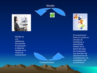 Conectivismo Moodle Moodle es una plataforma  que permite la educación a distancia basada en la noción de conectivismo El conectivismo tiene en cuenta un proceso de enseñanza y aprendizaje basado en la teoría del caos, las conexiones que permiten las adquisiciones de competencias y la autogestión del conocimiento 