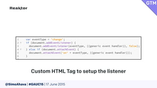 @SimoAhava | #GAUC15 | 17 June 2015
Custom HTML Tag to setup the listener
GTM
 