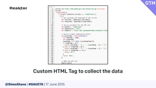 @SimoAhava | #GAUC15 | 17 June 2015
Custom HTML Tag to collect the data
GTM
 