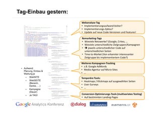 Tag-Einbau gestern:
                       Webanalyse-Tag
                       • Implementierungsaufwand bisher?
                       • Implementierungs-Zyklus?
                       • Update auf neue Code-Versionen und Features!

                       Remarketing-Tags
                       • Wieviele Netzwerke? (Google, Criteo, …
                       • Wieviele unterschiedliche Zielgruppen/Kampagnen
                       •    jeweils unterschiedlicher Code auf
                         unterschiedlichen Seiten
                       • Time-to-Market (Von erkannter interessanter
                         Zielgruppe bis implementiertem Code?)

                       Weiteres Kampagnen-Tracking
                       • z.B. Google AdWords
 • Aufwand:
   Planung, Einbau &
                       • Media-Agentur auf Micro-Sites
   Wartung je          • …
    – WebSITE          Temporäre Tools:
    – WebSEITE         • Heatmaps / Klickmaps auf ausgewählten Seiten
        (Bereich,
        Danke, )
                       • User-Surveys
                       • …
    – Kampagne
        (Dauer)
    – Je TAG!          Conversion-Optimierungs-Tools (multivariates Testing)
                       • Auf bestimmten Landing-Pages
 