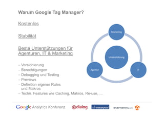 Warum Google Tag Manager?

Kostenlos
                                                     Marketing
Stabilität

Beste Unterstützungen für
Agenturen, IT & Marketing
                                                   Unterstützung

− Versionierung
− Berechtigungen                         Agentur                   IT

− Debugging und Testing
− Previews
− Definition eigener Rules
  und Makros
− Techn. Features wie Caching, Makros, Re-use,
 