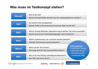 Was muss im Testkonzept stehen?

           Was ist das Ziel?
  Warum?
           Welche Schwachstellen konnten aus der Analyse gewonnen werden?

           Auf welcher Site wird getestet?
   Wo?
           Wieviel Traffic und Conversions/Conversion-Rate hat die Site?


           Welche Testing-Methode, Segmentierung & welches Tool wird verwendet?
   Wie?
           Welche technischen Rahmenbedingungen sind erforderlich?

           Welche Testelemente und -varianten werden getestet?
   Was?
           Wieviele Testvarianten werden getestet?

                                                                 Abhängigkeiten:
           Wann soll der Test starten?                           • Anzahl der Visitors
  Wann?
           Wie lange wird der Test voraussichtlich dauern?       • Varianten-Anzahl
                                                                 • Veränderung der
           Wer ist für das Testing zuständig/verantwortlich?       Conversion-Rate
   Wer?
           Wer führt was wann durch?


                                                                                         14
 