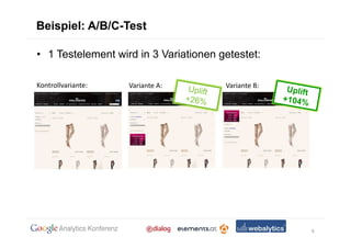 Beispiel: A/B/C-Test

• 1 Testelement wird in 3 Variationen getestet:

Kontrollvariante:   Variante A:        Variante B:




                                                     6
 