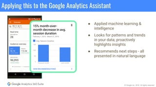 © Google Inc. 2016. All rights reserved.
● Applied machine learning &
intelligence
● Looks for patterns and trends
in your data; proactively
highlights insights
● Recommends next steps - all
presented in natural language
Applying this to the Google Analytics Assistant
 