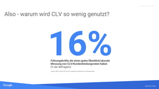 Quelle: Lorem ipsum dolor sit amet, consectetur adipiscing elit. Duis non erat sem
Proprietary + Confidential
Also - warum wird CLV so wenig genutzt?
Quelle: See Charts
Führungskräfte die einen guten Überblick/akurate
Messung von CLV/Kundenbindungsraten haben
(% der Befragten)
Quelle: CMO Council (2016) durch eMarketer (basierend auf Nordamerika)
16%
 