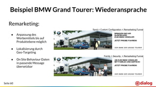 Seite 60
Remarketing:
● Anpassung des
Werbemittels bis auf
Produktebene möglich
● Lokalisierung durch
Geo-Targeting
● On Site Behaviour Daten
in passende Message
übersetzbar
Sport + Custom Configuration + Remarketing Funnel
Family + Security + Remarketing Funnel
Beispiel BMW Grand Tourer: Wiederansprache
 