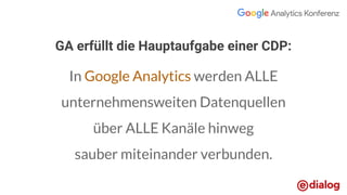 GA erfüllt die Hauptaufgabe einer CDP:
In Google Analytics werden ALLE
unternehmensweiten Datenquellen
über ALLE Kanäle hinweg
sauber miteinander verbunden.
 