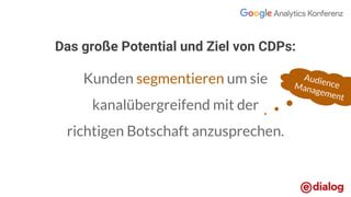 Das große Potential und Ziel von CDPs:
Kunden segmentieren um sie
kanalübergreifend mit der
richtigen Botschaft anzusprechen.
AudienceManagement
 