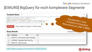 [EXKURS] BigQuery für noch komplexere Segmente
http://www.youtube.com/watch?v=QI8623HlYd4
Einstieg FB + Insta>5 Käufe in 6 Monaten
Warenkorb zw. 600-1.000€
 