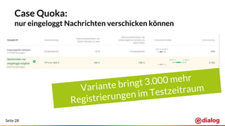 Seite 28
Case Quoka:
nur eingeloggt Nachrichten verschicken können
Variante bringt 3.000 mehr
Registrierungen im Testzeitraum
 