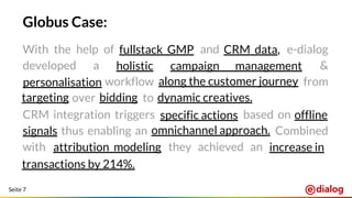 Seite 7
Globus Case:
With the help of fullstack GMP and CRM data, e-dialog
developed a holistic campaign management &
personalisation workflow along the customer journey from
targeting over bidding to dynamic creatives.
CRM integration triggers specific actions based on offline
signals thus enabling an omnichannel approach. Combined
with attribution modeling they achieved an increase in
transactions by 214%.
With the help of fullstack GMP and CRM data, e-dialog
developed a holistic campaign management &
personalisation workflow along the customer journey from
targeting over bidding to dynamic creatives.
CRM integration triggers specific actions based on offline
signals thus enabling an omnichannel approach. Combined
with attribution modeling they achieved an increase in
transactions by 214%.
fullstack GMP CRM data,
holistic campaign management
personalisation along the customer journey
targeting bidding dynamic creatives.
specific actions offline
signals omnichannel approach.
attribution modeling increase in
transactions by 214%.
 