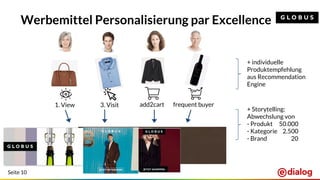 Seite 10
Werbemittel Personalisierung par Excellence
1. View 3. Visit add2cart
+ individuelle
Produktempfehlung
aus Recommendation
Engine
frequent buyer
+ Storytelling:
Abwechslung von
- Produkt 50.000
- Kategorie 2.500
- Brand 20
 
