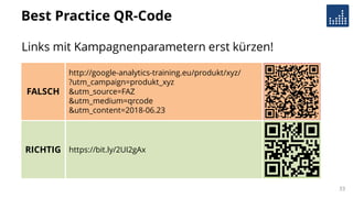 Best Practice QR-Code
Links mit Kampagnenparametern erst kürzen!
33
FALSCH
https://bit.ly/2UI2gAx
http://google-analytics-training.eu/produkt/xyz/
?utm_campaign=produkt_xyz
&utm_source=FAZ
&utm_medium=qrcode
&utm_content=2018-06.23
RICHTIG
 