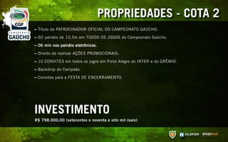 PROPRIEDADES - COTA 2
– Título de PATROCINADOR OFICIAL DO CAMPEONATO GAÚCHO.

– O2 painéis de 10,5m em TODOS OS JOGOS do Campeonato Gaúcho.

– 06 min nos painéis eletrônicos.

– Direito de realizar AÇÕES PROMOCIONAIS.

– 10 CONVITES em todos os jogos em Porto Alegre do INTER e do GRÊMIO.

– Backdrop do Campeão.

– Convites para a FESTA DE ENCERRAMENTO.




INVESTIMENTO
R$ 798.000,00 (setecentos e noventa e oito mil reais)
 
