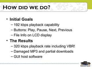 How did we do?
• Initial Goals
– 192 kbps playback capability
– Buttons: Play, Pause, Next, Previous
– File Info on LCD display
• The Results
– 320 kbps playback rate including VBR!
– Damaged MP3 and partial downloads
– GUI host software
 