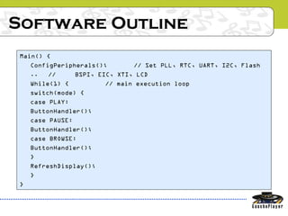 Software Outline
Main() {
ConfigPeripherals(); // Set PLL, RTC, UART, I2C, Flash
.. // BSPI, EIC, XTI, LCD
While(1) { // main execution loop
switch(mode) {
case PLAY:
ButtonHandler();
case PAUSE:
ButtonHandler();
case BROWSE:
ButtonHandler();
}
RefreshDisplay();
}
}
 
