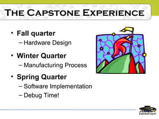The Capstone Experience
• Winter Quarter
– Manufacturing Process
• Spring Quarter
– Software Implementation
– Debug Time!
• Fall quarter
– Hardware Design
 